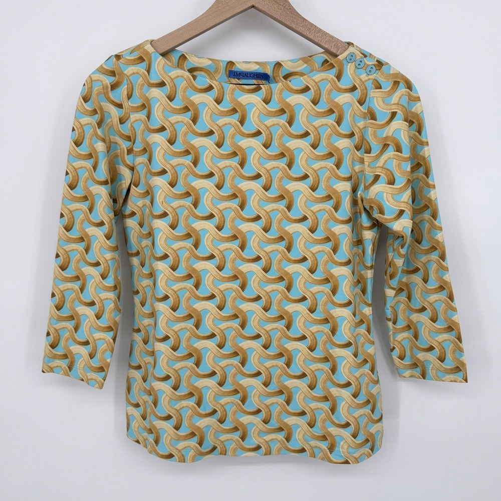 J.McLaughlin XS Catalina Cloth Top Wavesong 3/4 Sleeve Button Shoulder Aqua Gold - Picture 3 of 9